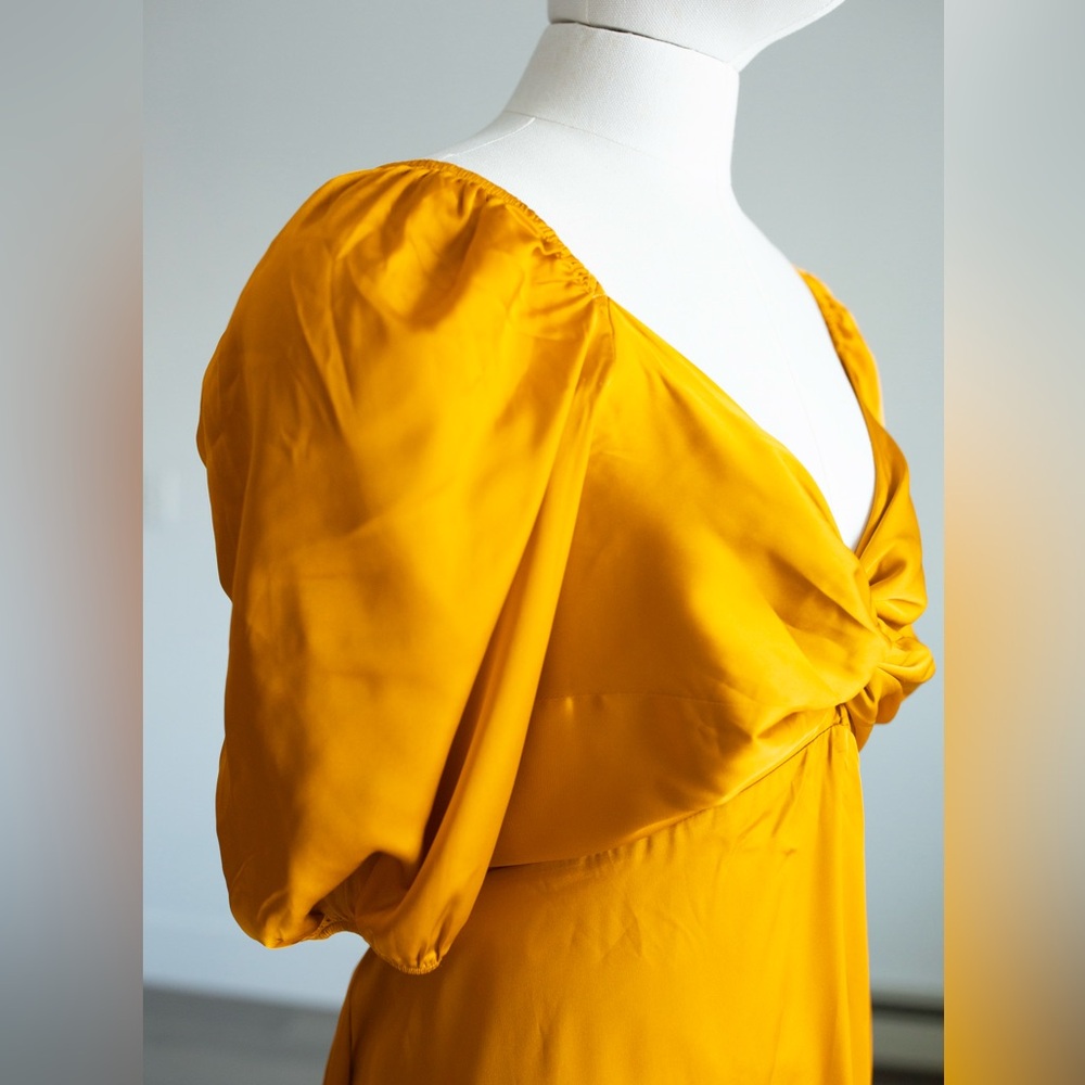 EXPRESS Satin V-Neck Puff Sleeve Twist Front Mini Fit and Flare Dress Golden - Picture 12 of 16